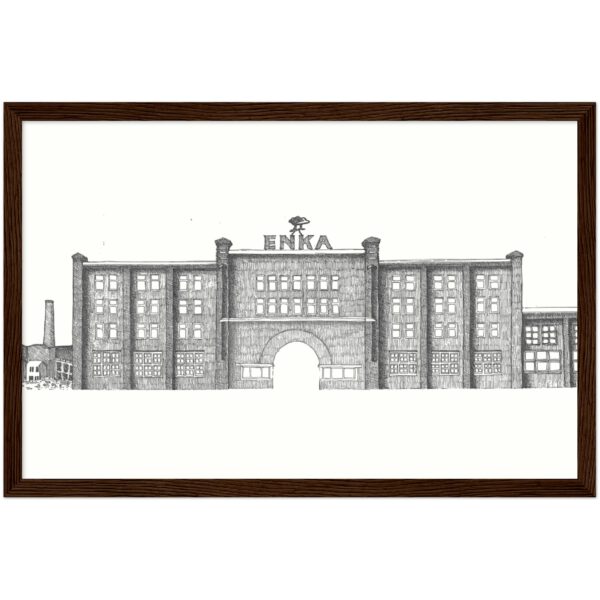 Enka factory pen and ink drawing frame wood wall art deco tekening Enka Ede